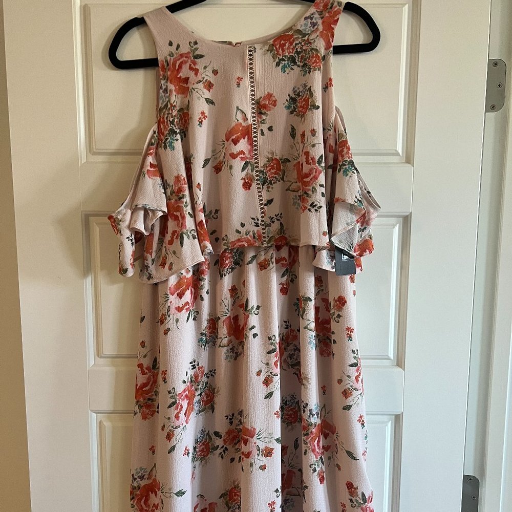 Cold Shoulder style cream/blush multi-tier floral dress